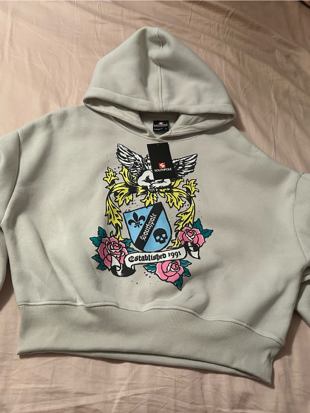 South Pole Light Gray Crewneck Hoodie with Colorful Crest Graphic